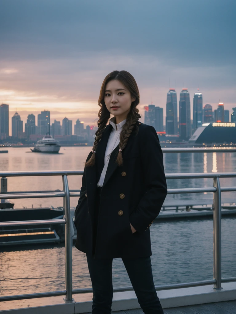 her name is Asako, high quality, 1girl, ((20-year-old fit Caucasian woman)), ((20 years old)), ((slim)), ((Fishtail Braid hair)), pose: standing, wearing aesthetic Generation-Z modern wear different colored, BACKGROUND: "At the Tsim Sha Tsui Promenade, with stunning views of the Victoria Harbor and the Symphony of Lights show."