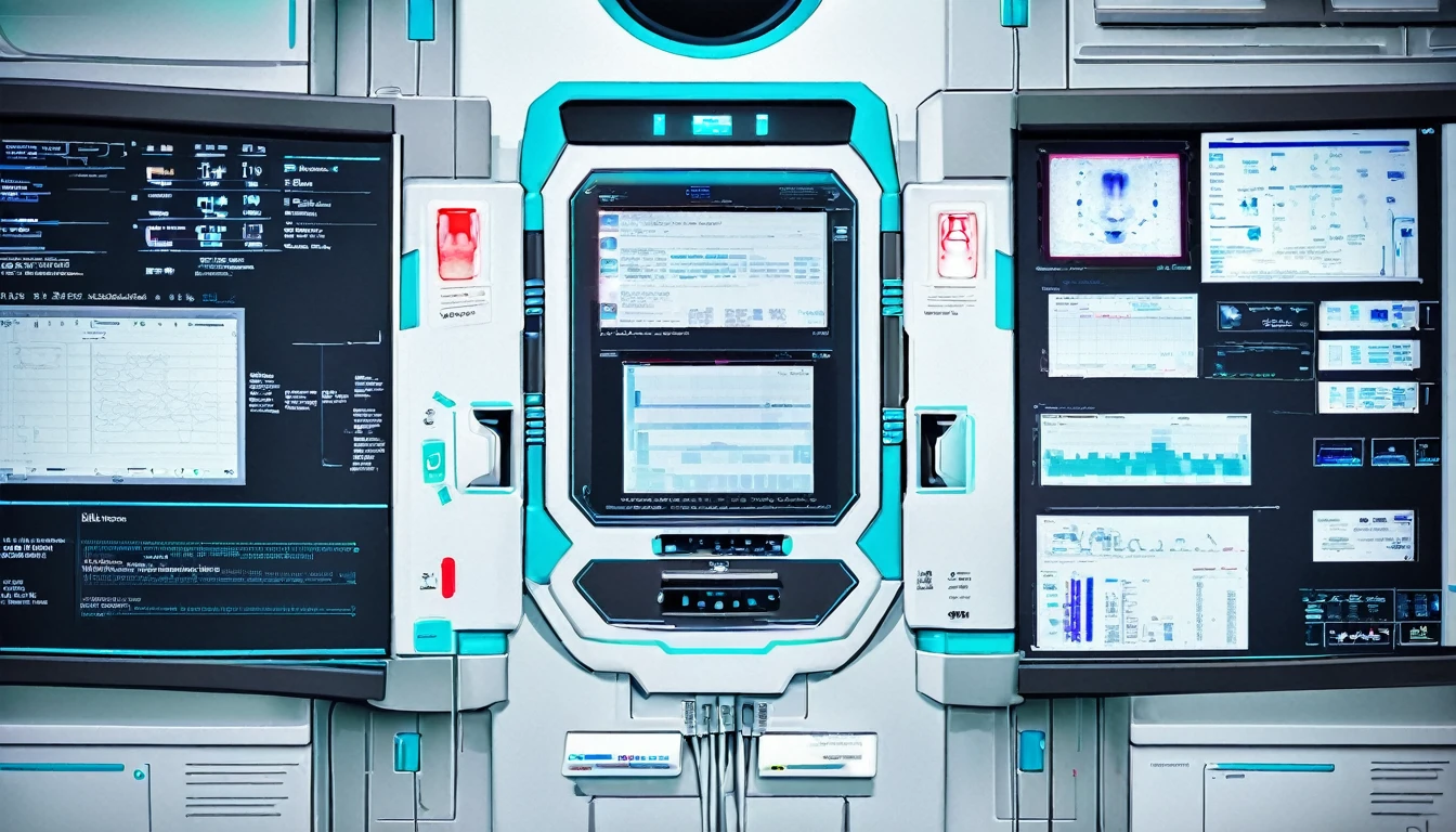 Wall close-up photography, Take a photo straight-on facing the wall. A futuristic clinic features monitors displaying medical and chemical data.。Bright spot with white walls, Scientific research, The camera is parallel