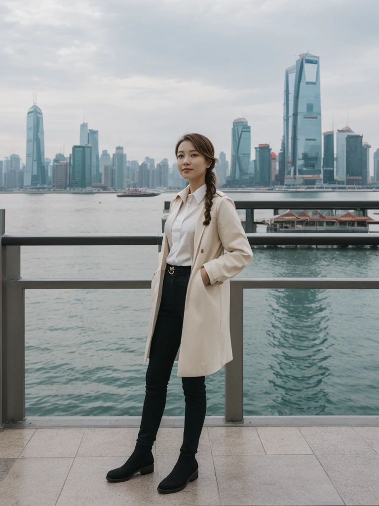her name is Asako, high quality, 1girl, ((20-year-old fit Caucasian woman)), ((20 years old)), ((slim)), ((Fishtail Braid hair)), pose: standing, wearing aesthetic Generation-Z modern wear different colored, BACKGROUND: "At the Tsim Sha Tsui Promenade, with stunning views of the Victoria Harbor and the Symphony of Lights show."