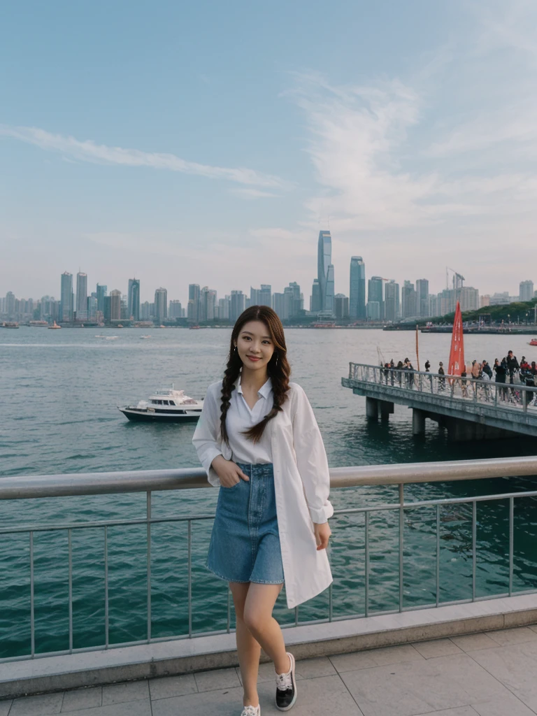 her name is Asako, high quality, 1girl, ((20-year-old fit Caucasian woman)), ((20 years old)), ((slim)), ((Fishtail Braid hair)), pose: standing, wearing aesthetic Generation-Z modern wear different colored, BACKGROUND: "At the Tsim Sha Tsui Promenade, with stunning views of the Victoria Harbor and the Symphony of Lights show."