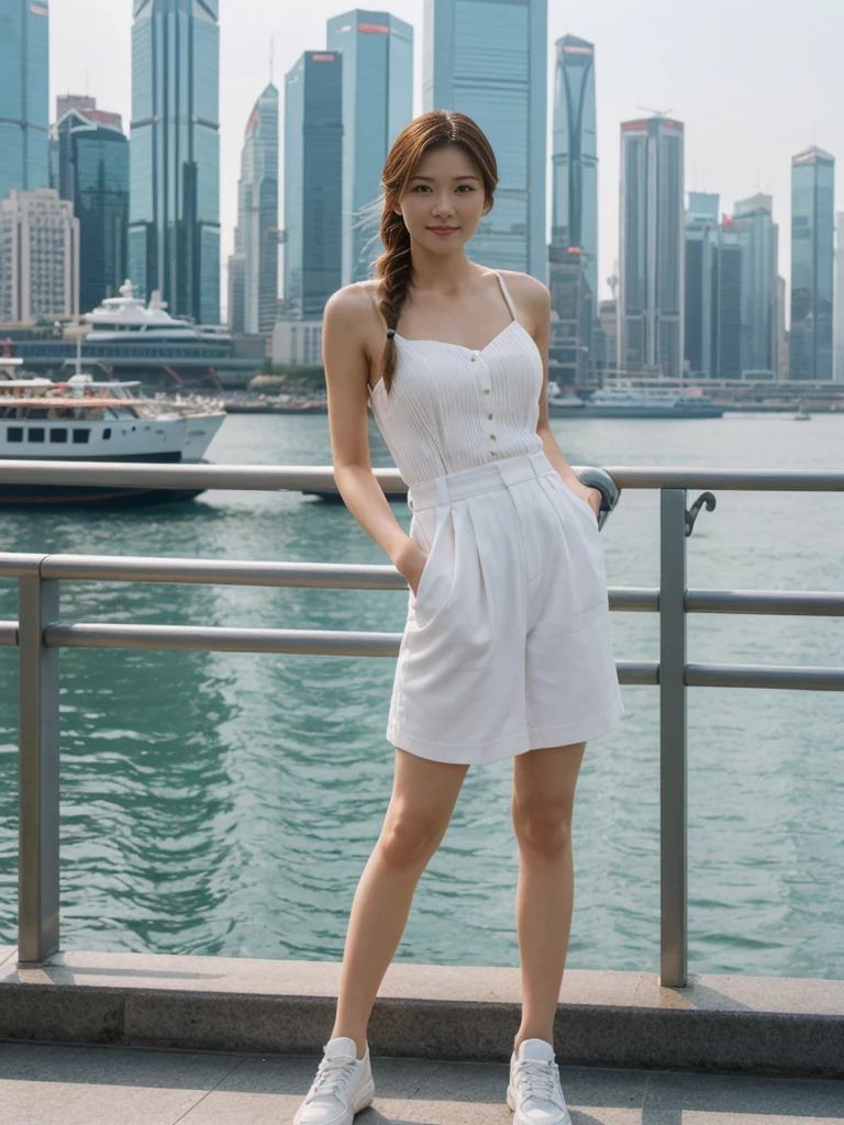 her name is Asako, high quality, 1girl, ((20-year-old fit Caucasian woman)), ((20 years old)), ((slim)), ((Fishtail Braid hair)), pose: standing, wearing aesthetic Generation-Z modern wear different colored, BACKGROUND: "At the Tsim Sha Tsui Promenade, with stunning views of the Victoria Harbor and the Symphony of Lights show."