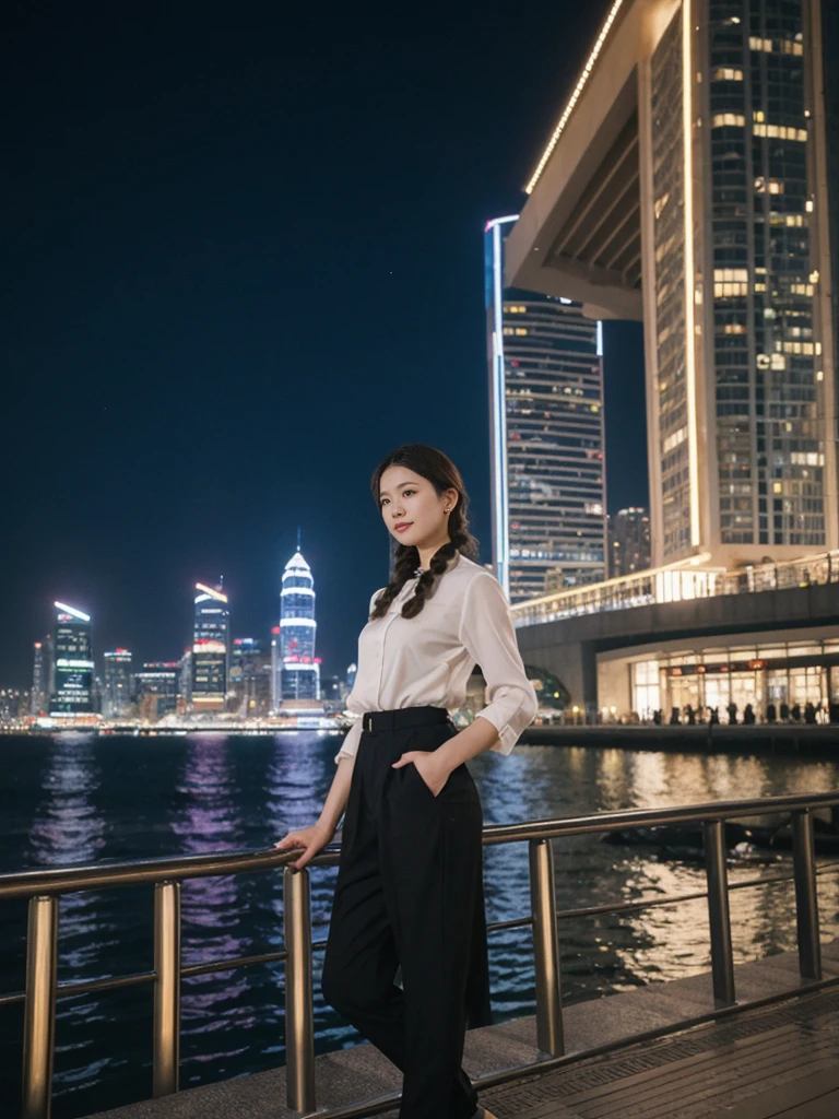 her name is Asako, high quality, 1girl, ((20-year-old fit Caucasian woman)), ((20 years old)), ((slim)), ((Fishtail Braid hair)), pose: standing, wearing aesthetic Generation-Z modern wear different colored, BACKGROUND: "At the Tsim Sha Tsui Promenade, with stunning views of the Victoria Harbor and the Symphony of Lights show."
