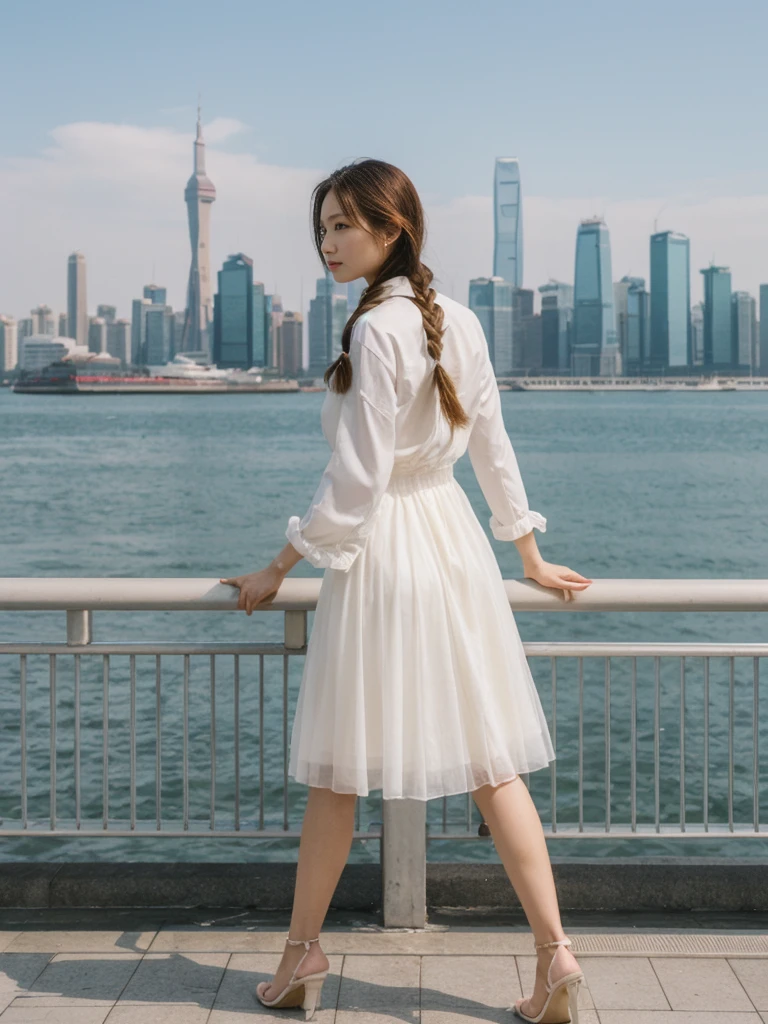 her name is Asako, high quality, 1girl, ((20-year-old fit Caucasian woman)), ((20 years old)), ((slim)), ((Fishtail Braid hair)), pose: standing, wearing aesthetic Generation-Z modern wear different colored, BACKGROUND: "At the Tsim Sha Tsui Promenade, with stunning views of the Victoria Harbor and the Symphony of Lights show."