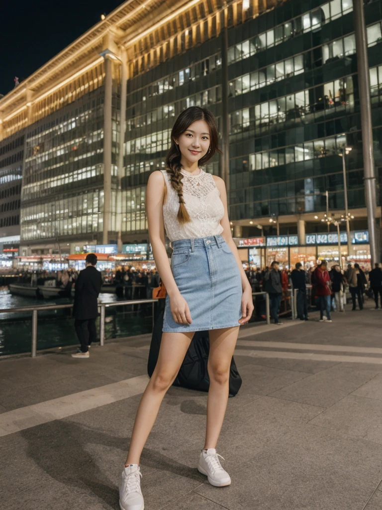 her name is Asako, high quality, 1girl, ((20-year-old fit Caucasian woman)), ((20 years old)), ((slim)), ((Fishtail Braid hair)), pose: standing, wearing aesthetic Generation-Z modern wear different colored, BACKGROUND: "At the Tsim Sha Tsui Promenade, with stunning views of the Victoria Harbor and the Symphony of Lights show."