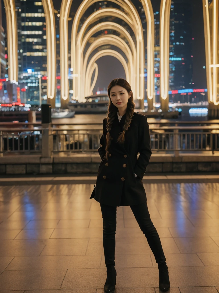 her name is Asako, high quality, 1girl, ((20-year-old fit Caucasian woman)), ((20 years old)), ((slim)), ((Fishtail Braid hair)), pose: standing, wearing aesthetic Generation-Z modern wear different colored, BACKGROUND: "At the Tsim Sha Tsui Promenade, with stunning views of the Victoria Harbor and the Symphony of Lights show."