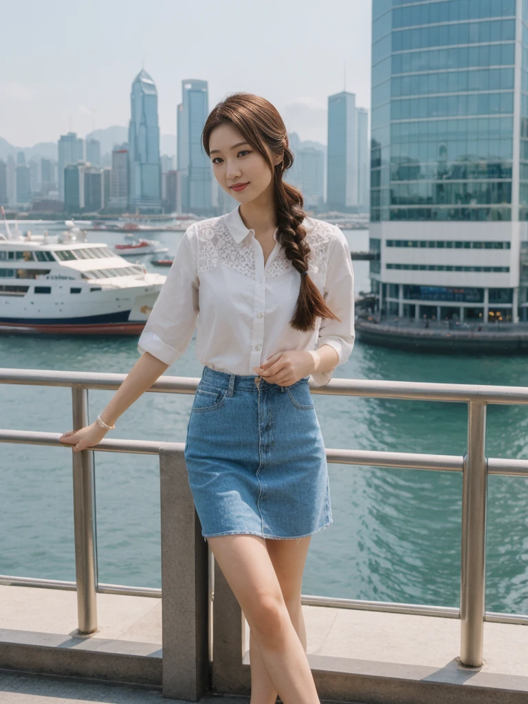 her name is Asako, high quality, 1girl, ((20-year-old fit Caucasian woman)), ((20 years old)), ((slim)), ((Fishtail Braid hair)), pose: standing, wearing aesthetic Generation-Z modern wear different colored, BACKGROUND: "At the Tsim Sha Tsui Promenade, with stunning views of the Victoria Harbor and the Symphony of Lights show."