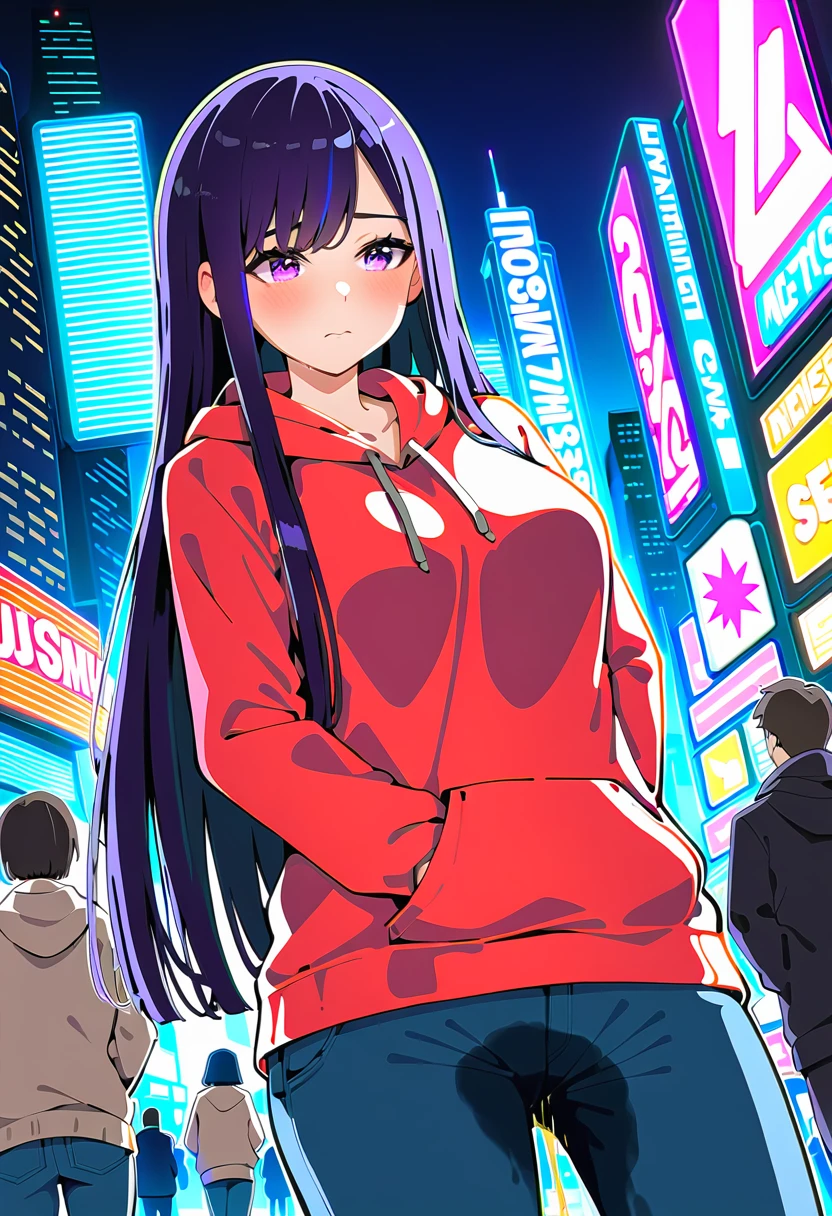 (masterpiece:1.37), best quality, (extremely detailed:1.37), woman, mature, adult, large breasts, very long hair, (straight hair:1.5), dark purple hair, purple eyes, (extremely detailed eyes:1.37), hoodie, jeans, desperation, wetting self, standing, embarrassed, humiliation, blushing, angry, city, futuristic, neon lighting, high-tech, street