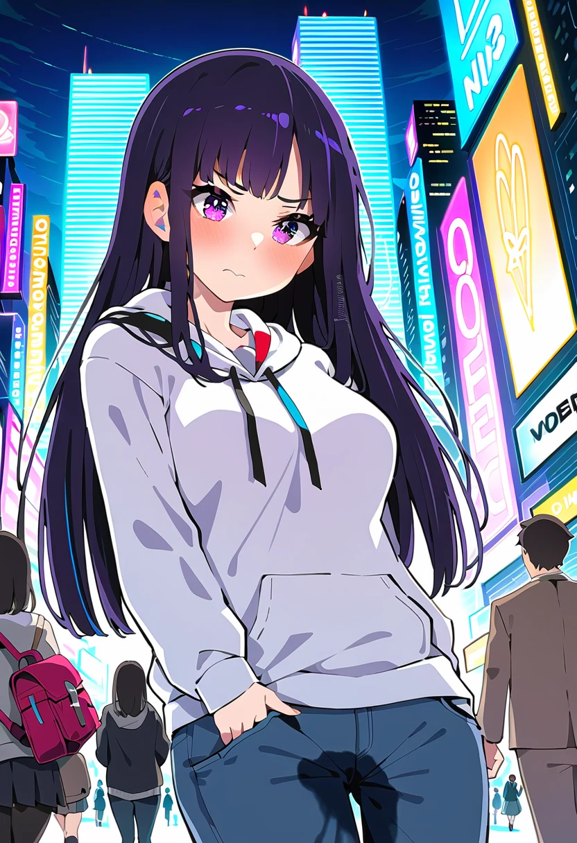 (masterpiece:1.37), best quality, (extremely detailed:1.37), woman, mature, adult, large breasts, very long hair, (straight hair:1.5), dark purple hair, purple eyes, (extremely detailed eyes:1.37), hoodie, jeans, desperation, wetting self, standing, embarrassed, humiliation, blushing, angry, city, futuristic, neon lighting, high-tech, street
