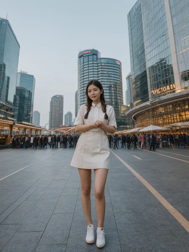 her name is Asako, high quality, 1girl, ((20-year-old fit Caucasian woman)), ((20 years old)), ((slim)), ((Fishtail Braid hair)), pose: standing, wearing aesthetic Generation-Z modern wear different colored, BACKGROUND: "At the Tsim Sha Tsui Promenade, with stunning views of the Victoria Harbor and the Symphony of Lights show."