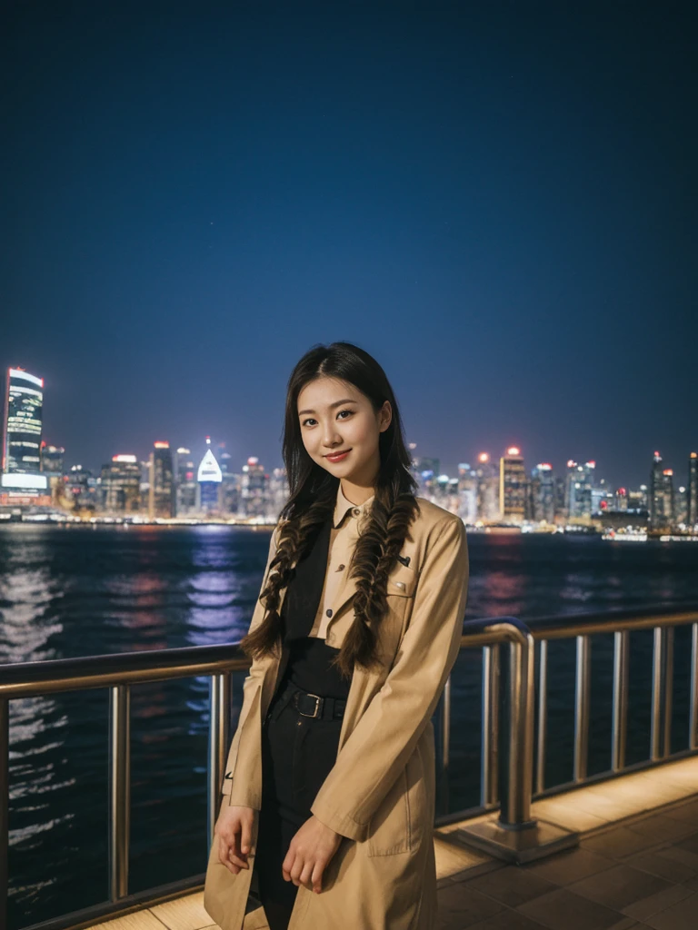 her name is Asako, high quality, 1girl, ((20-year-old fit Caucasian woman)), ((20 years old)), ((slim)), ((Fishtail Braid hair)), pose: standing, wearing aesthetic Generation-Z modern wear different colored, BACKGROUND: "At the Tsim Sha Tsui Promenade, with stunning views of the Victoria Harbor and the Symphony of Lights show."