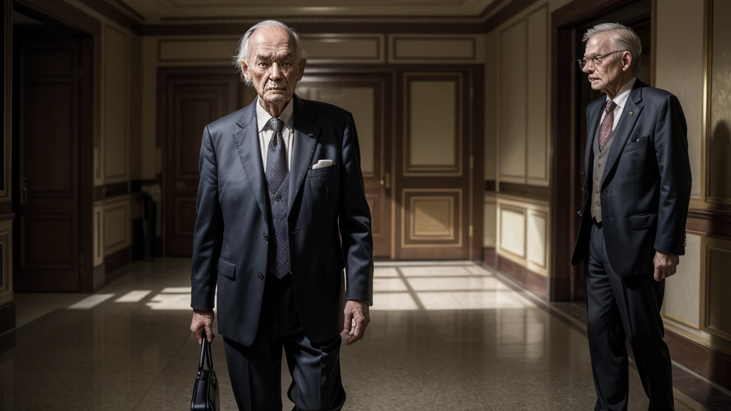 an elderly man in simple clothes, worn-out shoes, entering five-star hotel reception, well-dressed receptionist looking at him with disdain, photorealistic, cinematic lighting, highly detailed, masterpiece, dramatic, emotional, 4k, hyperrealistic, dramatic lighting, chiaroscuro, muted colors, classical painting