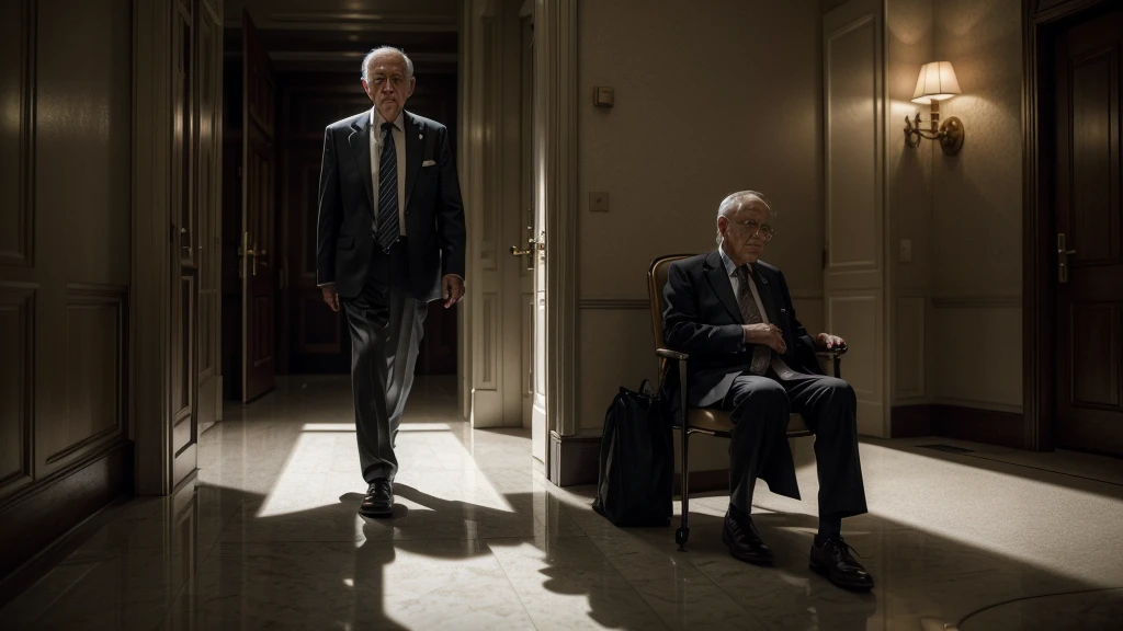 an elderly man in simple clothes, worn-out shoes, entering five-star hotel reception, well-dressed receptionist looking at him with disdain, photorealistic, cinematic lighting, highly detailed, masterpiece, dramatic, emotional, 4k, hyperrealistic, dramatic lighting, chiaroscuro, muted colors, classical painting