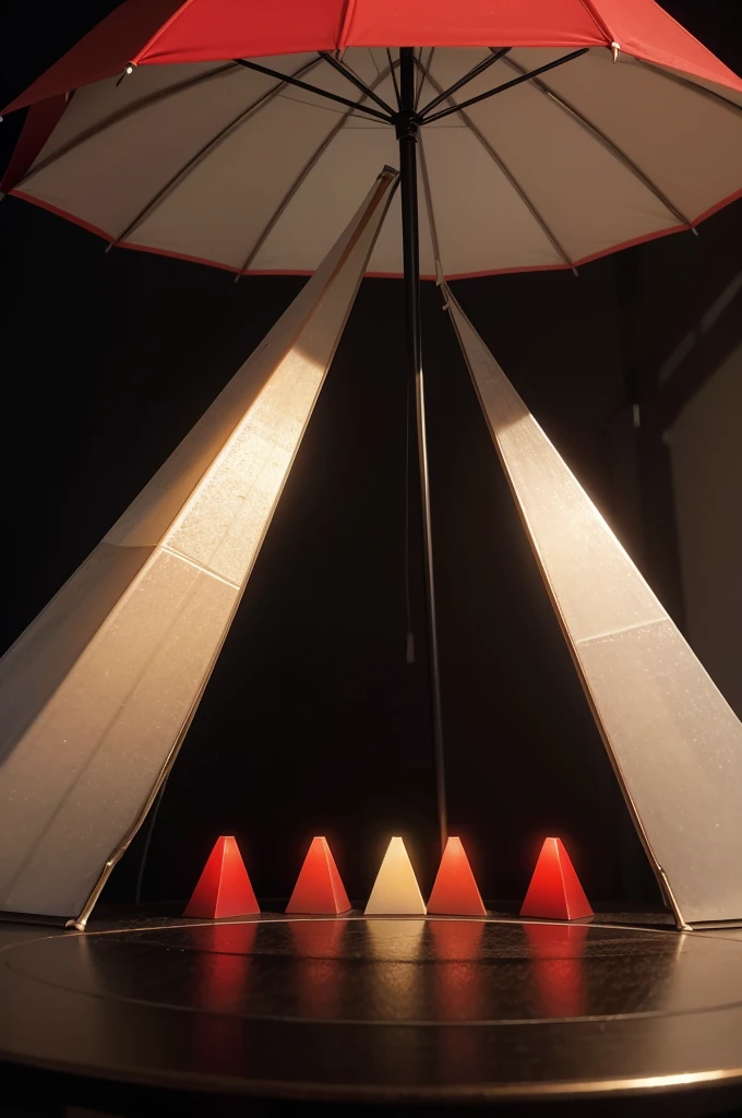 Make a circle and in the middle another circle from the middle to the end 6 parallel pyramids, 3 white and 3 red, with name Umbrella