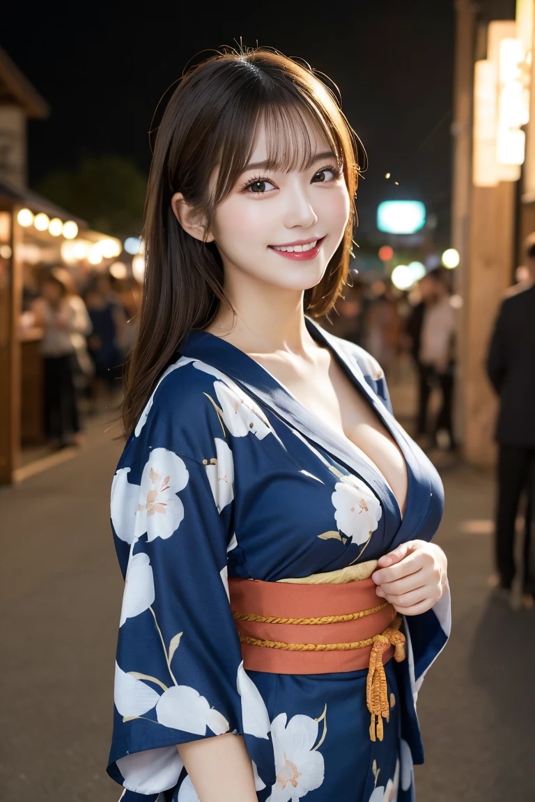 Summer festival stalls night, Highest quality, shape, Very detailed, In detail, High resolution, 8k wallpaper, Perfect dynamic composition, Beautiful details,  Natural Lip, Cute yukata, Big Breasts, Cleavage, She is smiling in a cute pose.., A masterpiece of the whole body, Full Body Shot