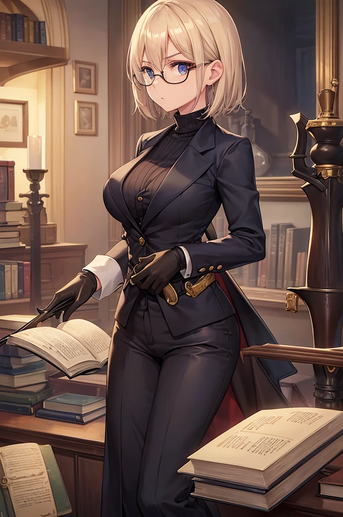 books lying around, cream hair, tall, square glasses, black turtleneck, a beige two-button blazer, dark navy-blue pants, and a pair black gloves, looking at viewer, slightly short hair, female, slim, stern expression, short sword with a metal handle wrapped in leather bindings on her waist, standing, holding a cup of tea