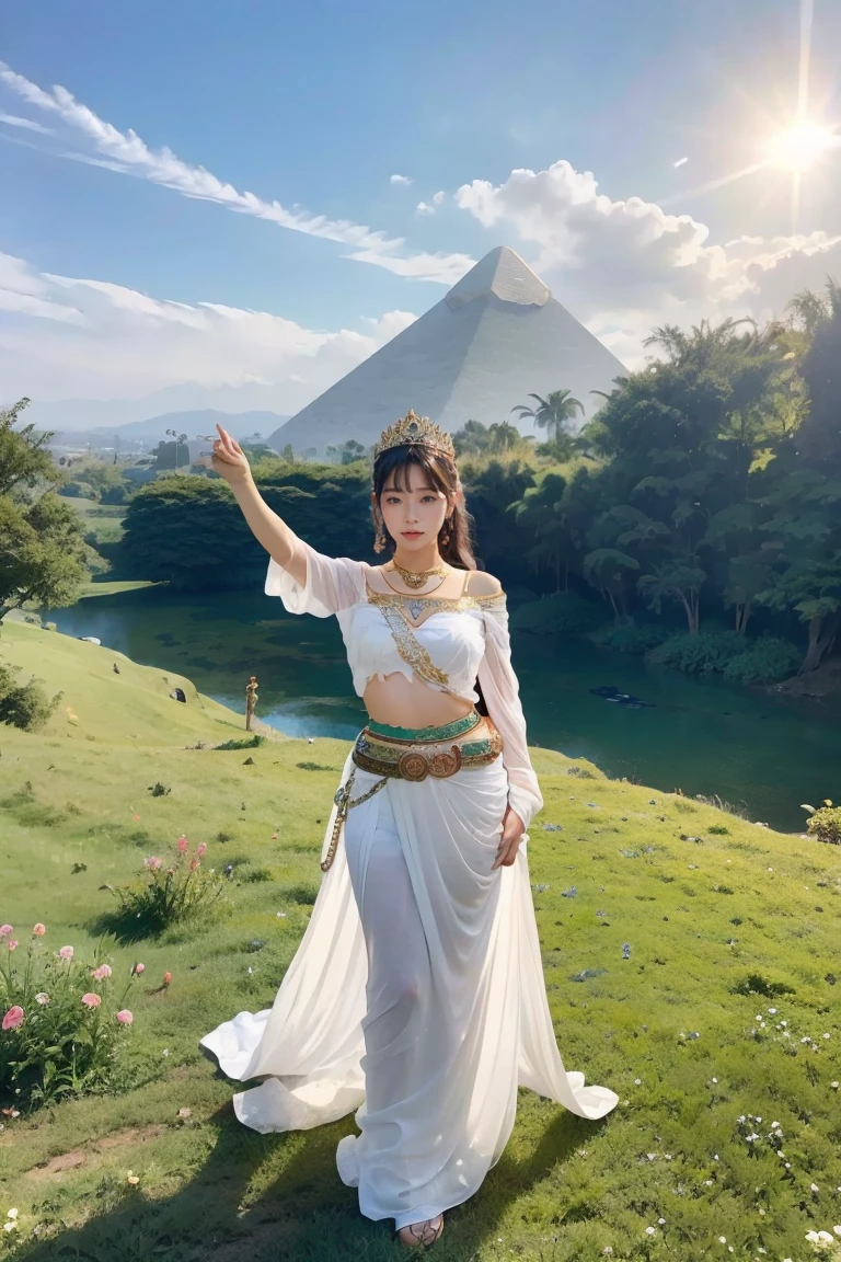 goddess, Egypt, Beautiful woman, Stand sideways., ((bend a little.)), White clothes, The crown is made of flowers., The belt is made of roses., golden sky, Blue mountain, Green Grass、With a sword and shield