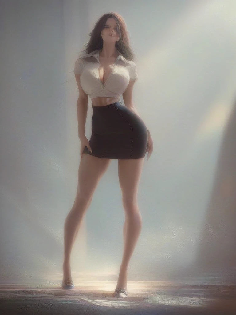 gigantic voluptuous breasts, 18yo, slim waist, full body, toned, bosom, abstract art, vivid hair, pencil skirt, blouse, light rays, god rays, muscular, realistic, breasts