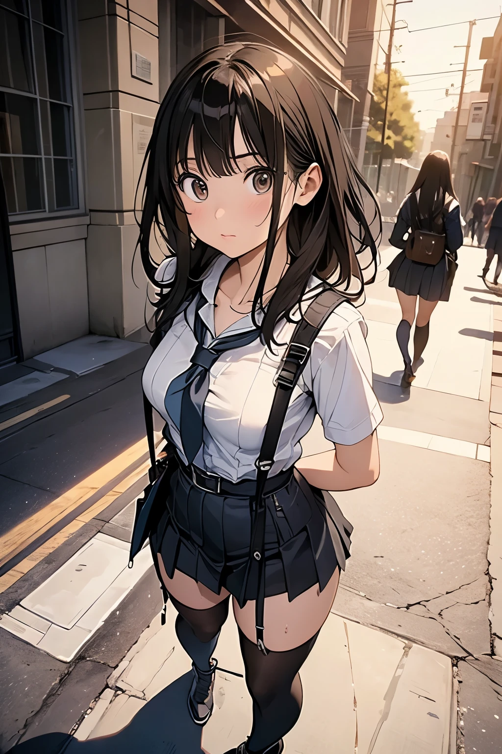 high quality, masterpiece, Ultra-high resolution, (realism: 1.4), Oil painting style, Cinema Lighting, , I stood on the empty asphalt road and looked at it., And the suspenders with the cranes flying Moderate breasts Small face holster Lying in bed Looking up Sweat belt summer 脇Sweat Black Hole Gloves suit mini skirt garterbelt Leg Links ズボンにbelt holster Hands behind your back Anxious expression Looking up Anxious face Knee-high Knee socks Knee-highソックス garterbelt garter ふとももにgarterbelt