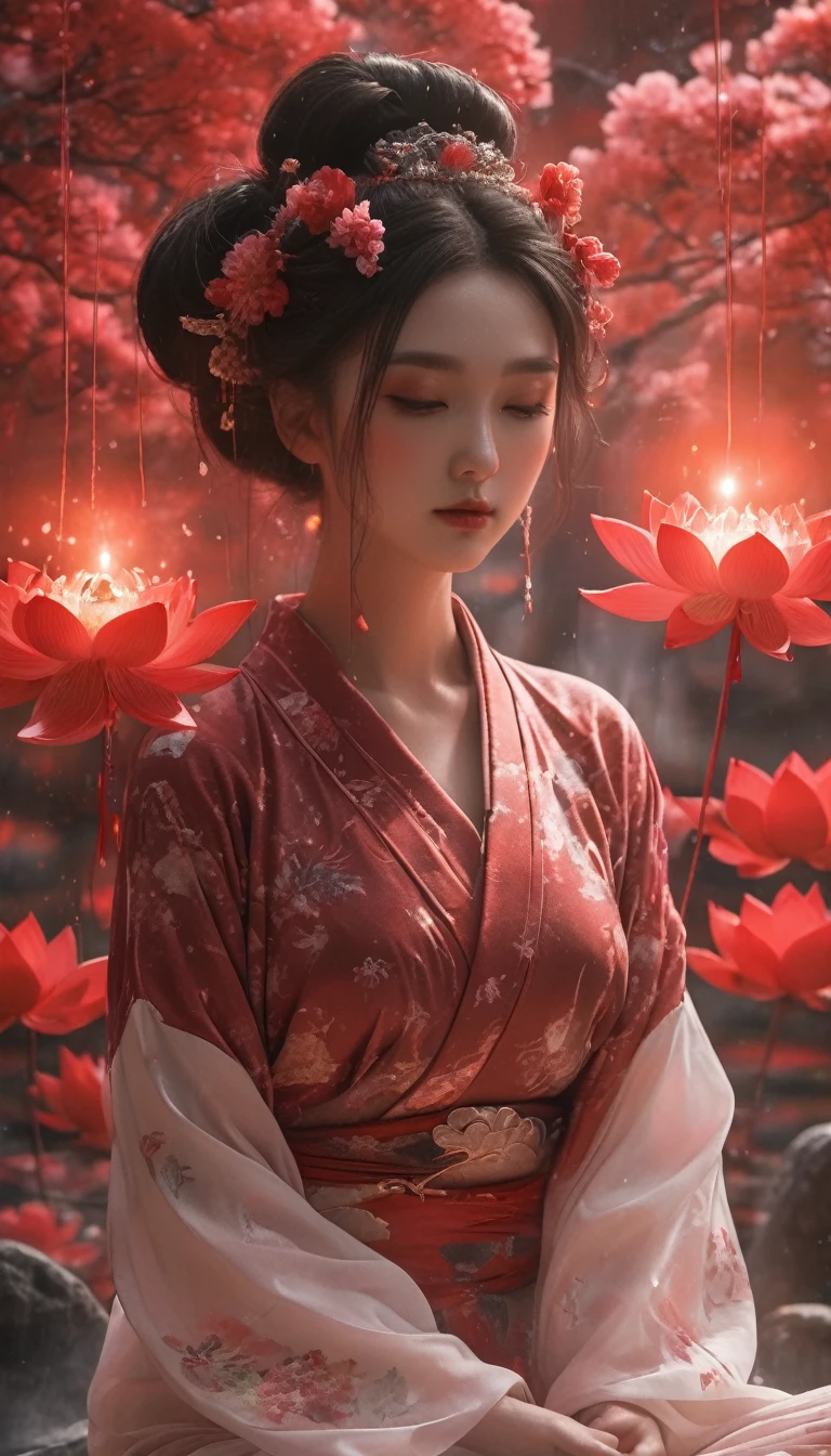 Full body photo of a geisha in lotus position,Anatomically correct,born, Cinematic shots, (Sharp focus:1.5), (Realistic:1.4), dusk lighting, Volumetric lighting, Ultra-high resolution, 16K,Dramatic lighting, Abstract background:1.5)(Tangleた,Datura stramonium,Holding a heart light in your hand、Tangle,Intertwined:0.7)witch,Red haori, Foxfire spells, conversion, Depth of written boundary, A fantastic atmosphere, The most beautiful form of chaos, Elegance, Fauvist Design Dark Theme, flowers of death, flowers of ecstasy,Glowing Lines,Glow Example,Tracking example,flash, Backlight,translucent,Particles of light,hill,exit