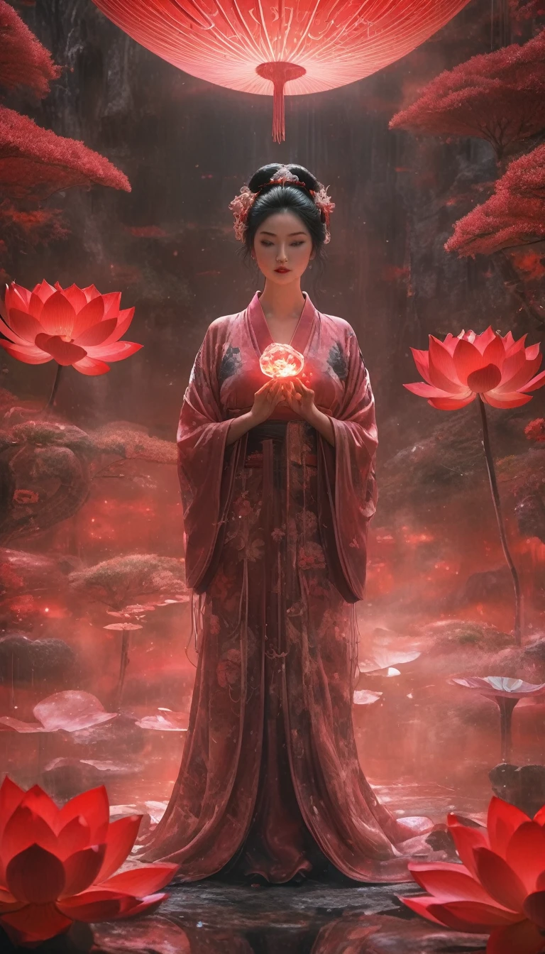 Full body photo of a geisha in lotus position,Anatomically correct,born, Cinematic shots, (Sharp focus:1.5), (Realistic:1.4), dusk lighting, Volumetric lighting, Ultra-high resolution, 16K,Dramatic lighting, Abstract background:1.5)(Tangleた,Datura stramonium,Holding a heart light in your hand、Tangle,Intertwined:0.7)witch,Red haori, Foxfire spells, conversion, Depth of written boundary, A fantastic atmosphere, The most beautiful form of chaos, Elegance, Fauvist Design Dark Theme, flowers of death, flowers of ecstasy,Glowing Lines,Glow Example,Tracking example,flash, Backlight,translucent,Particles of light,hill,exit