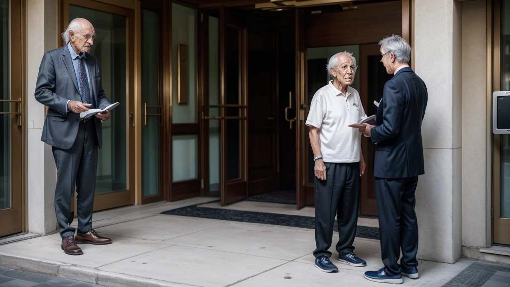 An elderly man in simple clothes and worn-out shoes trying to enter the reception of a five-star hotel, with a well-dressed receptionist looking at him with disdain.