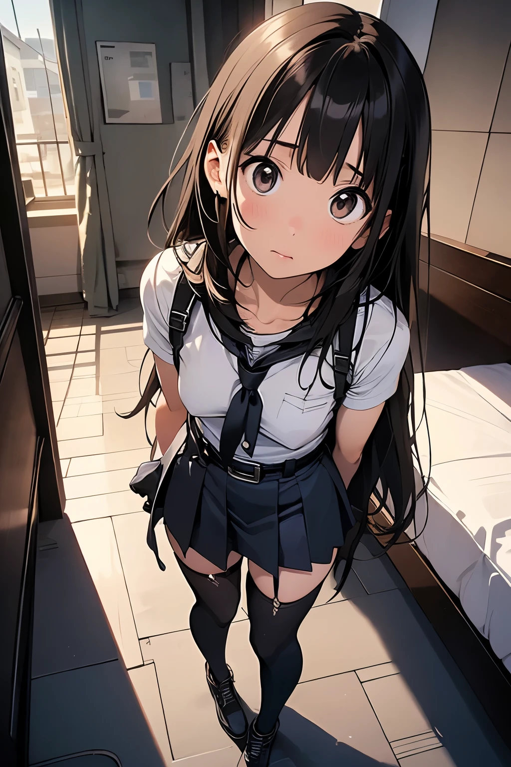 high quality, masterpiece, Ultra-high resolution, (realism: 1.4), Oil painting style, Cinema Lighting, , I stood on the empty asphalt road and looked at it., And the suspenders with the cranes flying　　Moderate breasts　 　 　　　　Small face　 　　　holster　　　　　　　 Lying in bed　Looking up　　　　Sweat 　　　belt　summer　脇Sweat 　Black Hole Gloves　suit　　　　 mini skirt　garterbelt　Leg Links　ズボンにbelt　　holster　 　　Hands behind your back　 Anxious expression　Looking up　Anxious face　Knee-high　Knee socks　Knee-highソックス garterbelt　garter　ふとももにgarterbelt