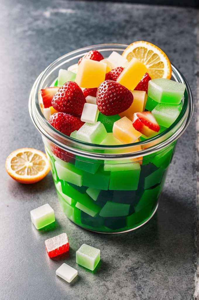 A container with gelatin and containing pieces of fruit