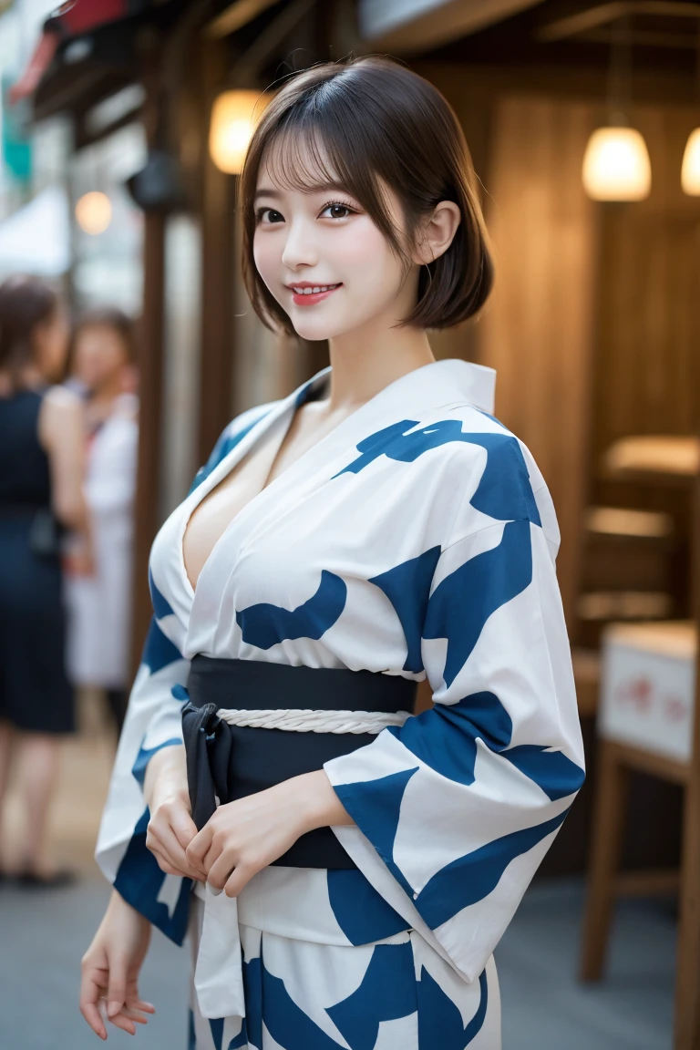 Summer festival stalls , Highest quality, shape, Very detailed, In detail, High resolution, 8k wallpaper, Perfect dynamic composition, Beautiful details,  Natural Lip, Cute yukata, Big Breasts, She is smiling in a cute pose.., A masterpiece of the whole body, Full Body Shot