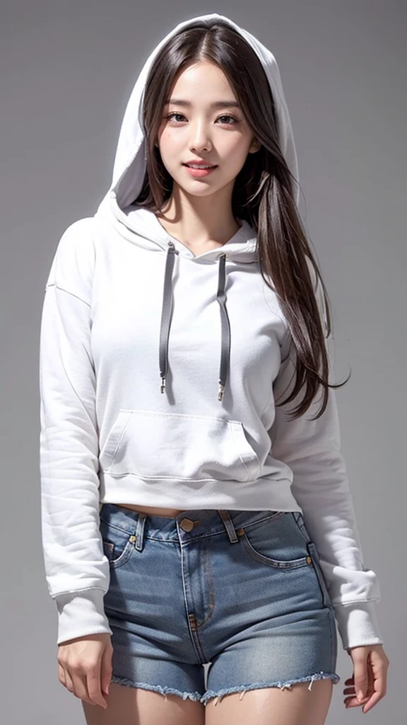 Realistic, masterpiece, Highest quality, Highest Resolution, Anatomically correct, Accurate Anatomy, (Gray blank background:1.3), (1girl:1.3), 20-year-old, Height: 165cm, Shot from thigh up, (Thick thighs:1.2), (Long Hair, Straight Hair, Silver Hair:1.3), (Squint your eyes, Sharp Eyes, (Iris:1.2)), (Hidden eyelid wrinkles:1.2), Thin eyebrows, Draw eyelashes carefully, Natural Makeup, Chin up, Grin, Slightly to the side, (White hoodie and denim hot pants:1.3), バーカーのフードはかぶらない