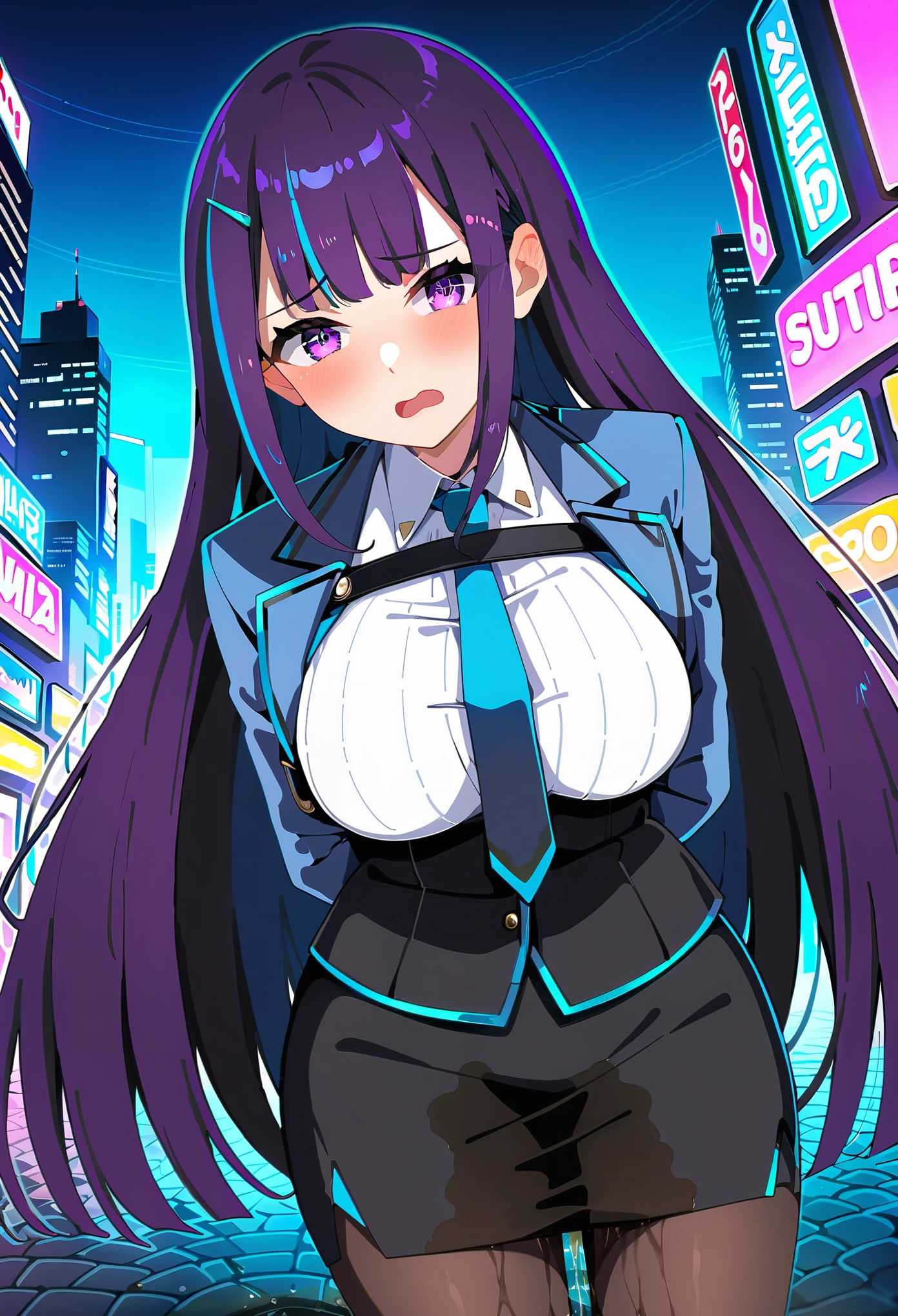 (masterpiece:1.37), best quality, (extremely detailed:1.37), woman, mature, adult, large breasts, very long hair, (straight hair:1.5), dark purple hair, purple eyes, (extremely detailed eyes:1.37), business suit, necktie, (long pencil skirt:1.5), pantyhose, desperation, (wetting self:1.5), standing, embarrassed, humiliation, blushing, angry, city, futuristic, neon lighting, high-tech, street