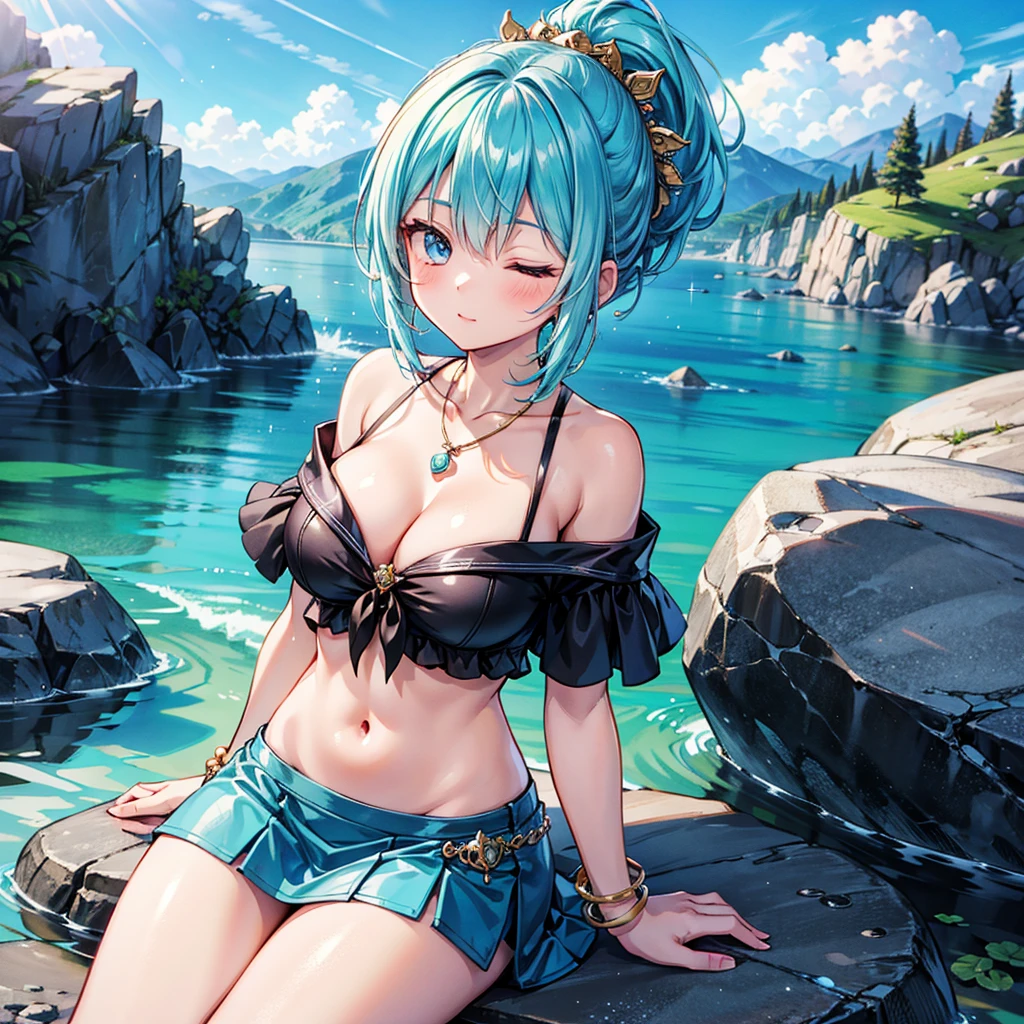 Anime Moe Art Style,Highest quality,High resolution,Anatomically correct,One Girl,Mid-s,A girl with light blue hair in a ponytail,Super detailed,Fantasy World,Off-the-shoulder tops,mini skirt,Big ny skin,Beautiful skin, both eyes closed,Sleeping,On top of the mountain,Leaning against a rock,hair ornaments,necklace,bracelet,8K