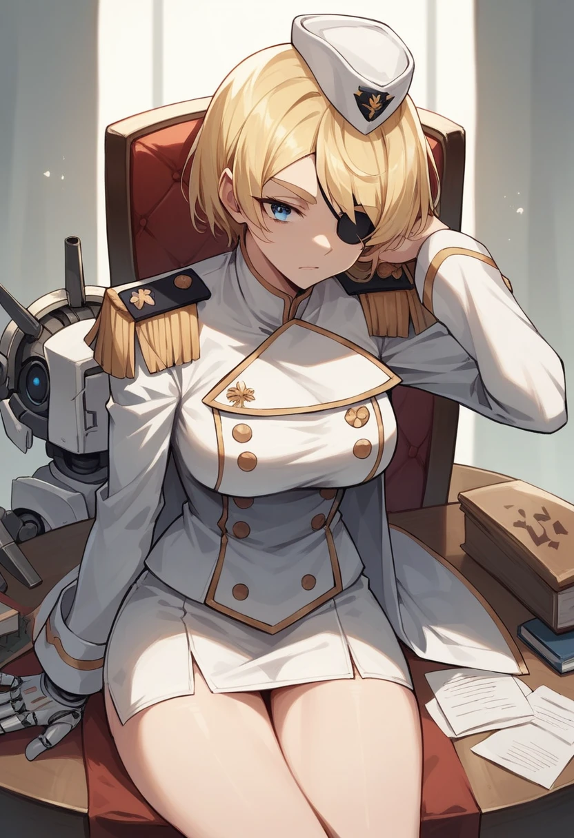 commander anime girl, white commander clothes, white mini skirt, white commander hat, 18 years old, tall, medium length blonde hair, blonde eyebrows, blue eyes, black eye patch, eye patch in right eye, right a mechanical arm, left arm a normal arm, sitting in a chair at the head of a large and long covenant table, alone, 8K Image Quality