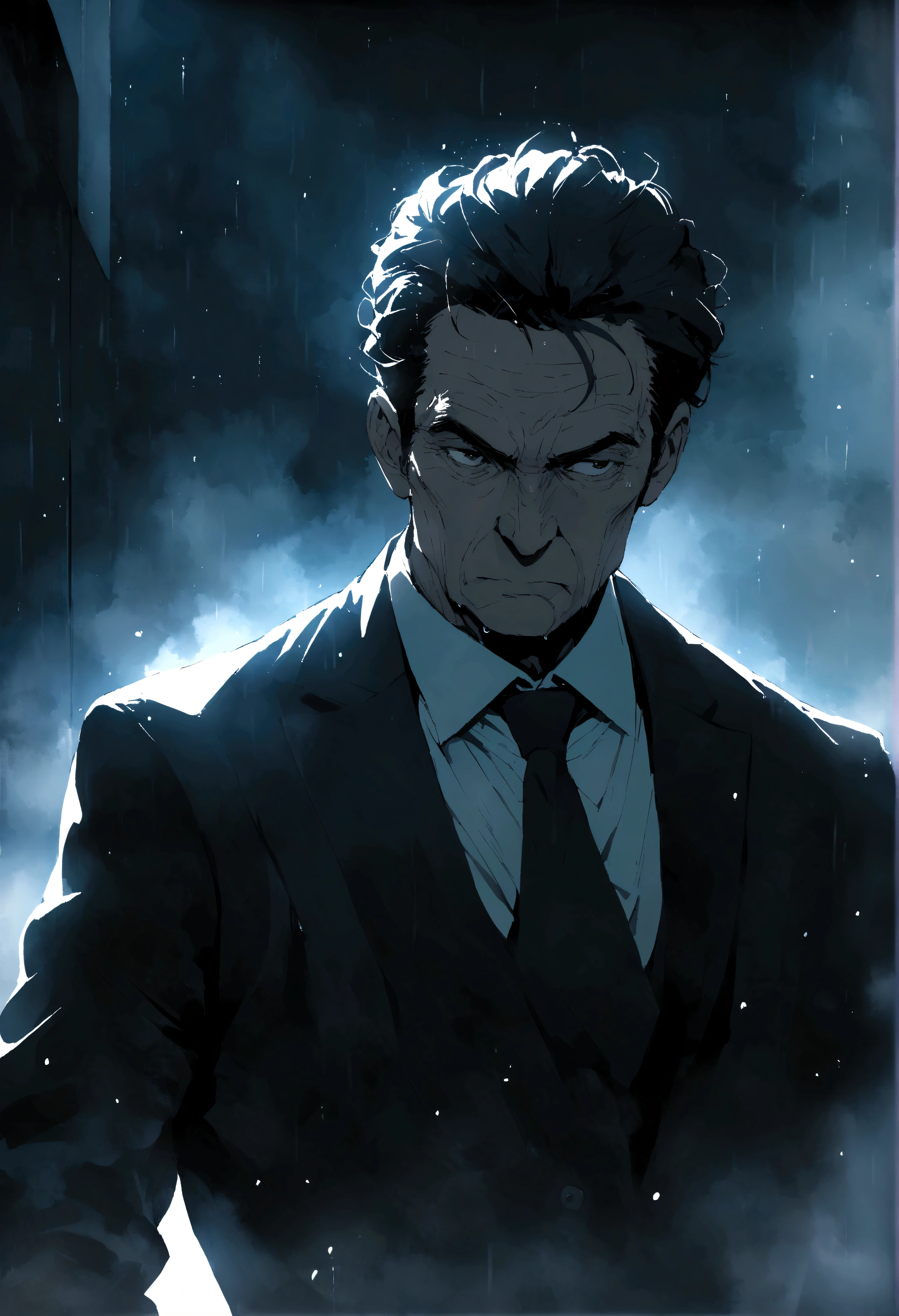 Mature 58 year old black haired man staring out of a window at the rain