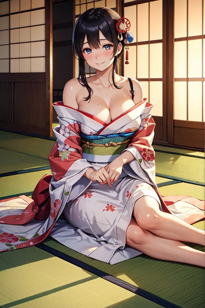 (High quality, High resolution, Fine details, Realistic), (beautiful kimono sitting in a traditional Japanese room), traditional Japanese architecture, sliding doors, fusuma, shoji, traditional tatami flooring, decorative Japanese paper lamps, soft natural lighting, tranquil atmosphere, calm and peaceful ambiance, delicate patterns on the kimono, subtle elegance, sublime beauty, cultural references, toji hairpin, solo, women, Cleavage, (Shoulders), sparkling eyes, (Detailed eyes), smile, blush, Sweat, Oily skin, Shallow depth of field