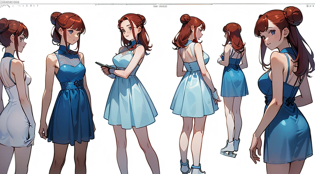 ((Highest quality)), ((masterpiece)), ((Realistic)) 19 years old, Redhead girl, Armpit hair, Relaxed happy face ((thin)) (Big Breasts), ((( ice skater dress))) ((Sexy Dress))Bun hairstyle, (((Detailed character sheet, Front view, Side view, 3/4 Views))) (((White Background))) Six and a half whole bodies