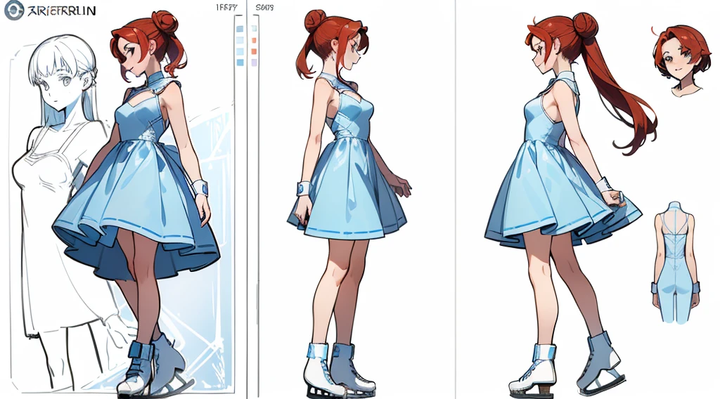 ((Highest quality)), ((masterpiece)), ((Realistic)) 19 years old, Redhead girl, Armpit hair, Relaxed happy face ((thin)) (Big Breasts), ((( ice skater dress))) ((Sexy Dress))Bun hairstyle, (((Detailed character sheet, Front view, Side view, 3/4 Views))) (((White Background))) Six and a half whole bodies