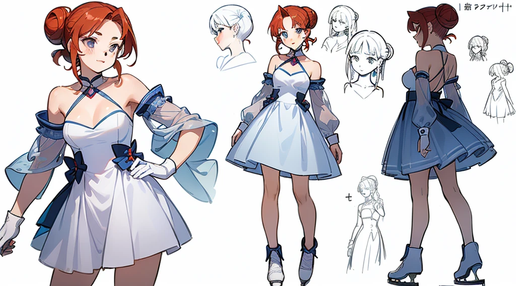 ((Highest quality)), ((masterpiece)), ((Realistic)) 19 years old, Redhead girl, Armpit hair, Relaxed happy face ((thin)) (Big Breasts), ((( ice skater dress))) ((Sexy Dress))Bun hairstyle, (((Detailed character sheet, Front view, Side view, 3/4 Views))) (((White Background))) Six and a half whole bodies