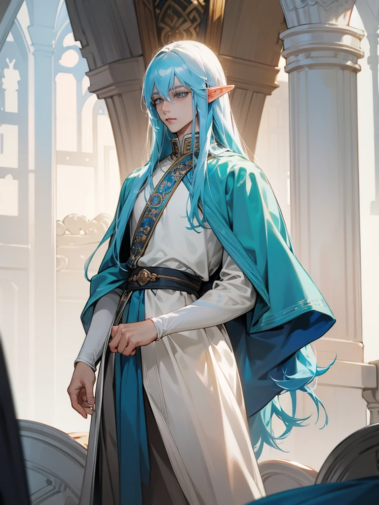 Male elf, long straight light blue hair, fair skin, light grey eyes, royal family, young appearance, revealing clothing.