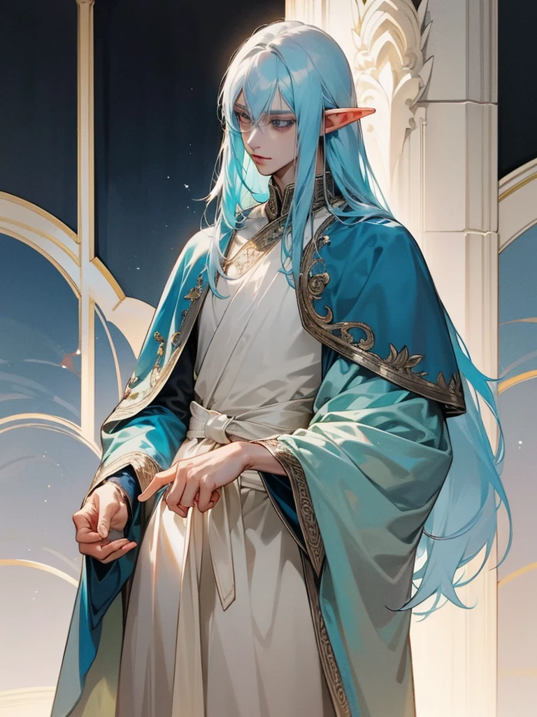 Male elf, long straight light blue hair, fair skin, light grey eyes, royal family, young appearance, revealing clothing.