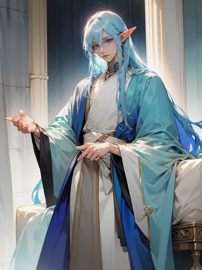 Male elf, long straight light blue hair, fair skin, light grey eyes, royal family, young appearance, revealing clothing.