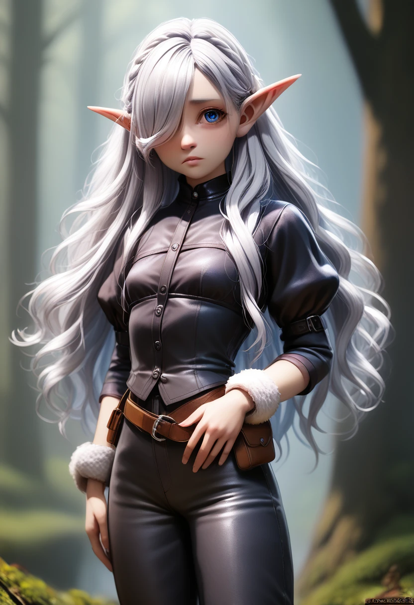 a girl with pale skin, short stature, very long wavy silver hair covering one eye, small breasts, pouty lips, and bright blue anime-style eyes with long lashes, wearing a corset, white puffy long sleeved shirt, and puffy cloth pants, leather bound boots, set in a windy fantasy landscape, (best quality,4k,8k,highres,masterpiece:1.2),ultra-detailed, dungeons and dragons, long elf ears, small girl, detailed skin and cloth textures, cute detailed face, intricate details, extremely detailed, 1girl, dynamic pose with hair covering one eye, shy personality, puffy cloth pants with leather belt, detailed privateer outfit, detailed buccaneer outfit, pouch on belt, wearing ornate leather armor with fur trim, silver inlay detail, wearing fur trimmed boots, wearing fur trimmed gloves, short, short height, halfing girl, small girl, very long detailed flowing hair, big head, big round eyes, windy, wind blown hair, wirey muscles