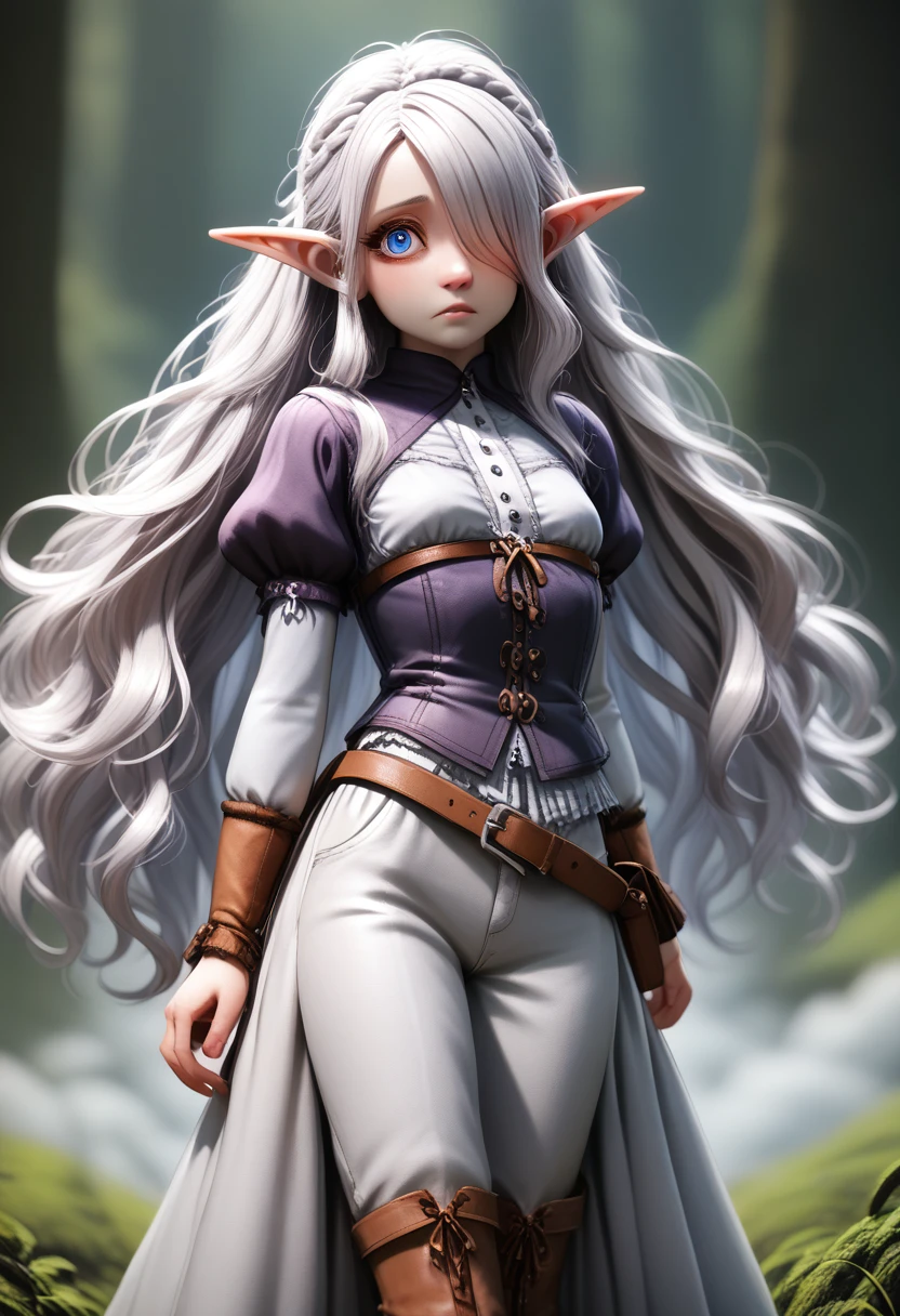 a girl with pale skin, short stature, very long wavy silver hair covering one eye, small breasts, pouty lips, and bright blue anime-style eyes with long lashes, wearing a corset, white puffy long sleeved shirt, and puffy cloth pants, leather bound boots, set in a windy fantasy landscape, (best quality,4k,8k,highres,masterpiece:1.2),ultra-detailed, dungeons and dragons, long elf ears, small girl, detailed skin and cloth textures, cute detailed face, intricate details, extremely detailed, 1girl, dynamic pose with hair covering one eye, shy personality, puffy cloth pants with leather belt, detailed privateer outfit, detailed buccaneer outfit, pouch on belt, wearing ornate leather armor with fur trim, silver inlay detail, wearing fur trimmed boots, wearing fur trimmed gloves, short, short height, halfing girl, small girl, very long detailed flowing hair, big head, big round eyes, windy, wind blown hair, wirey muscles