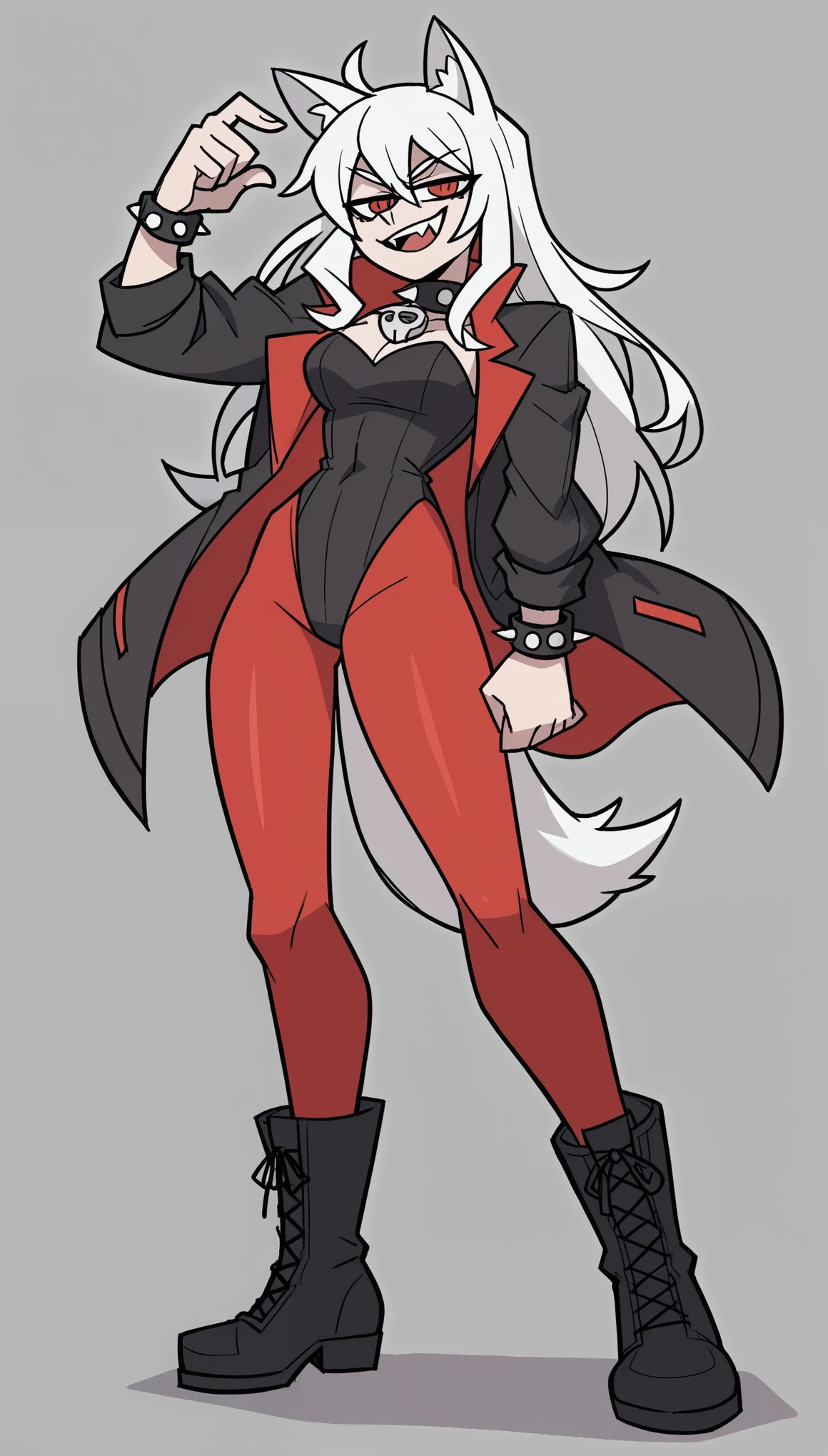 zPDXL, score_9, score_8_up, score_7_up, source_anime, 8k, absurdres, 1girl, solo, vanitaker, white hair, long hair, white Fox ears, white Fox tail, red pantyhose, black jacket, black leotard, black boots, leotard under jacket, red eyes, fangs teeth, gray background, standing, half-closed eyes, smug smile, looking at the viewer, spiked wristband, spiked collar