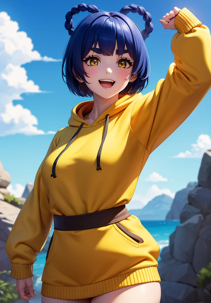 Masterpiece, Best Quality, 1 girl, Xiangling (genshin impact), selfie, SMILE, hair ornament, IN, looking at the viewer, yellow eyes, short hair, :d, fringe, hair pin, Open mouth, long sleeves, thick eyebrows, Hoodie, >_<, blue hair, puesta de sun, Casual, blurred, Arm raised, fringe romo, Upper part of the body, suno, disfraz alternatiINo, sun, reaching the viewer, Xd, sweater, outdoor, braid, panda, mountain, depth of field, sky