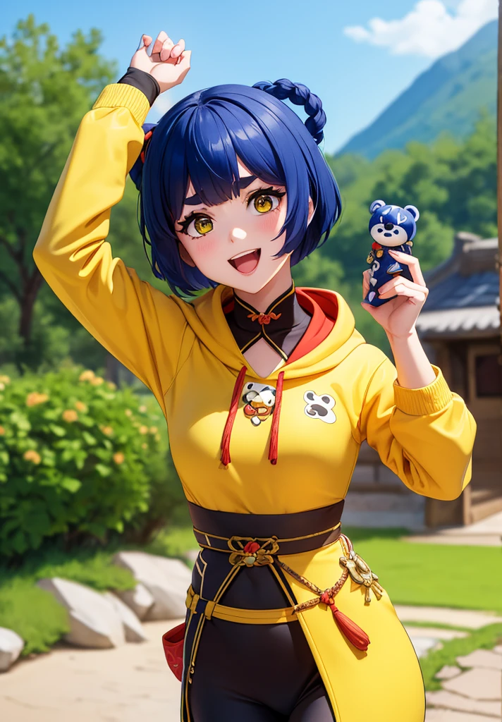 Masterpiece, Best Quality, 1 girl, Xiangling (genshin impact), selfie, SMILE, hair ornament, IN, looking at the viewer, yellow eyes, short hair, :d, fringe, hair pin, Open mouth, long sleeves, thick eyebrows, Hoodie, >_<, blue hair, puesta de sun, Casual, blurred, Arm raised, fringe romo, Upper part of the body, suno, disfraz alternatiINo, sun, reaching the viewer, Xd, sweater, outdoor, braid, panda, mountain, depth of field, sky