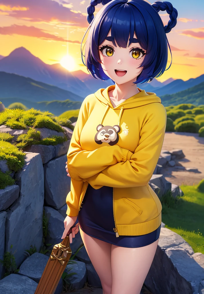 Masterpiece, Best Quality, 1 girl, Xiangling (genshin impact), selfie, SMILE, hair ornament, IN, looking at the viewer, yellow eyes, short hair, :d, fringe, hair pin, Open mouth, long sleeves, thick eyebrows, Hoodie, >_<, blue hair, puesta de sun, Casual, blurred, Arm raised, fringe romo, Upper part of the body, suno, disfraz alternatiINo, sun, reaching the viewer, Xd, sweater, outdoor, braid, panda, mountain, depth of field, sky