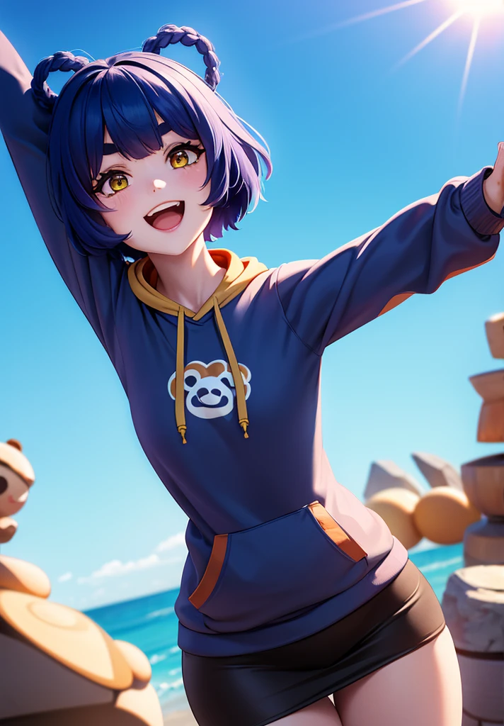 Masterpiece, Best Quality, 1 girl, Xiangling (genshin impact), selfie, SMILE, hair ornament, IN, looking at the viewer, yellow eyes, short hair, :d, fringe, hair pin, Open mouth, long sleeves, thick eyebrows, Hoodie, >_<, blue hair, puesta de sun, Casual, blurred, Arm raised, fringe romo, Upper part of the body, suno, disfraz alternatiINo, sun, reaching the viewer, Xd, sweater, outdoor, braid, panda, mountain, depth of field, sky