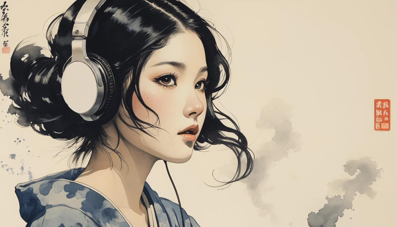 smoke tube, TATOO on the face, Highest quality, Katsushika Hokusai, Ink Painting, (((1 girl))), Japanese style headphones, beautiful girl, Black Hair, Delicate and precise, Modern ukiyo-e style, Darkness