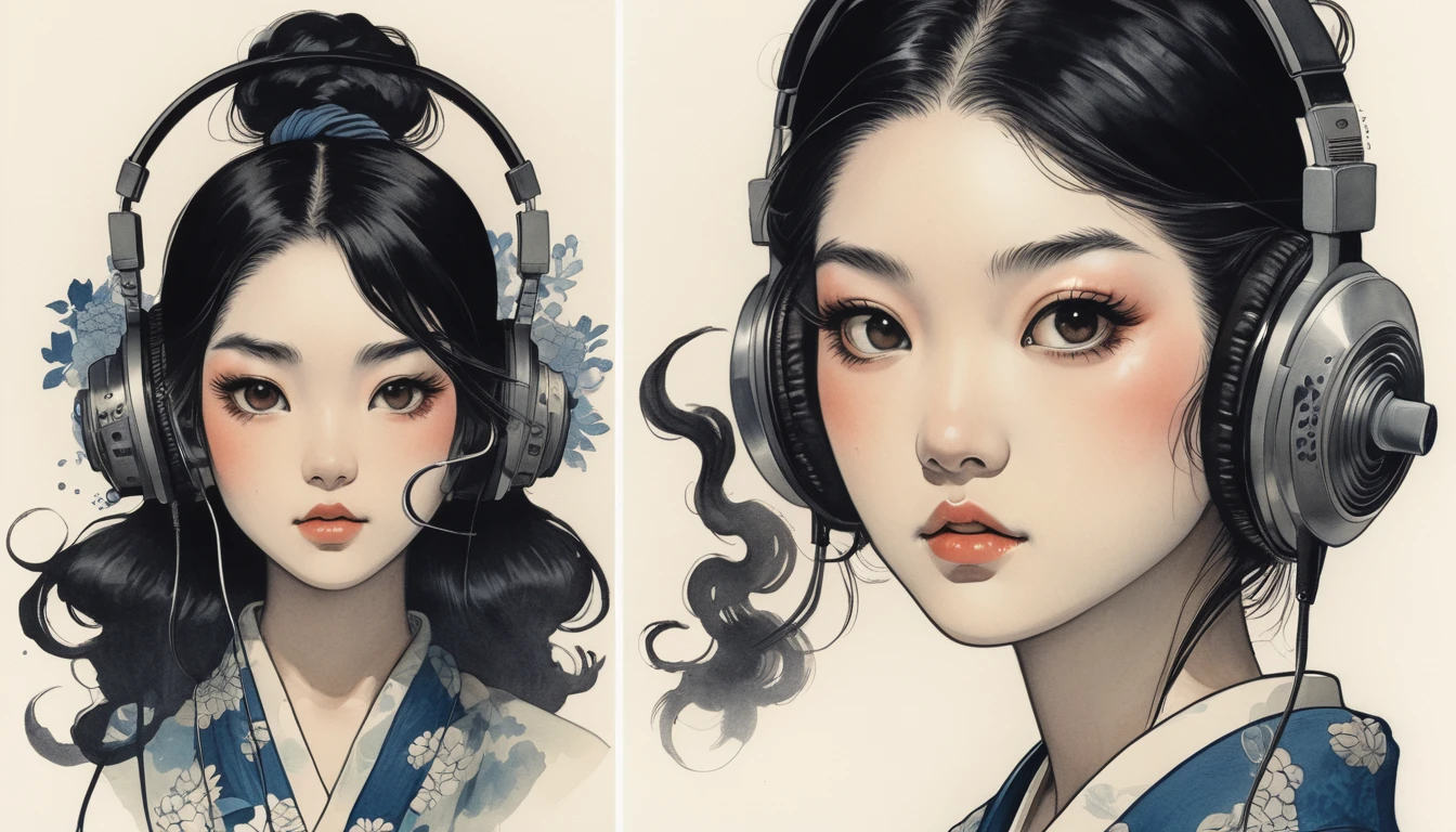 smoke tube, TATOO on the face, Highest quality, Katsushika Hokusai, Ink Painting, (((1 girl))), Japanese style headphones, beautiful girl, Black Hair, Delicate and precise, Modern ukiyo-e style, Darkness