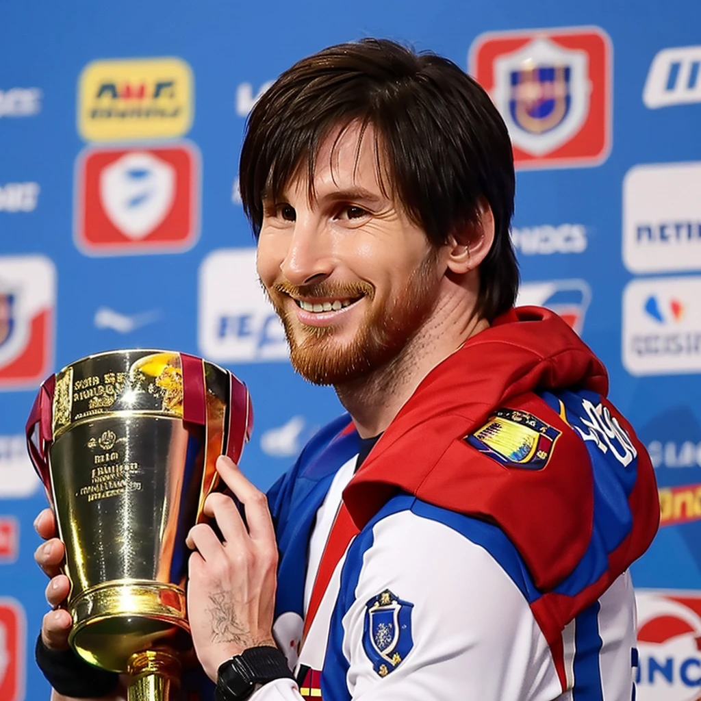 Lionel Messi with a trophy on his shoulder and he smiles